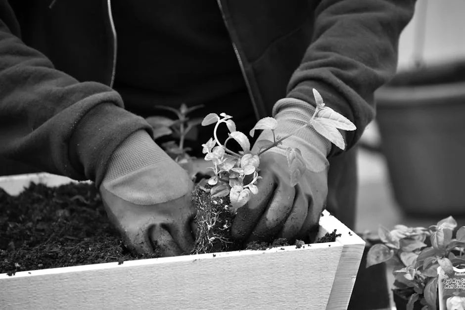 A close-up of hands in gloves planting in soil in a black and white image.