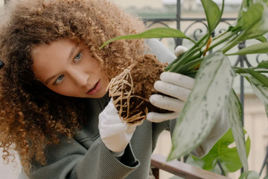 A woman with curly hair examines plant roots, emphasizing her passion for home gardening.