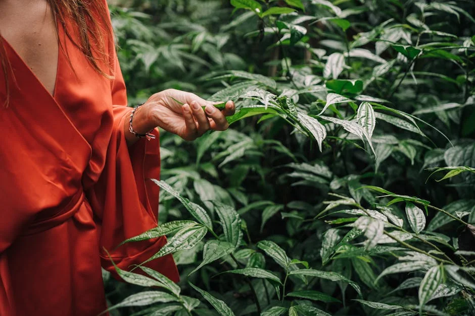 An individual in a red dress gently holds lush green leaves in a forest setting, capturing a moment of connection with nature.