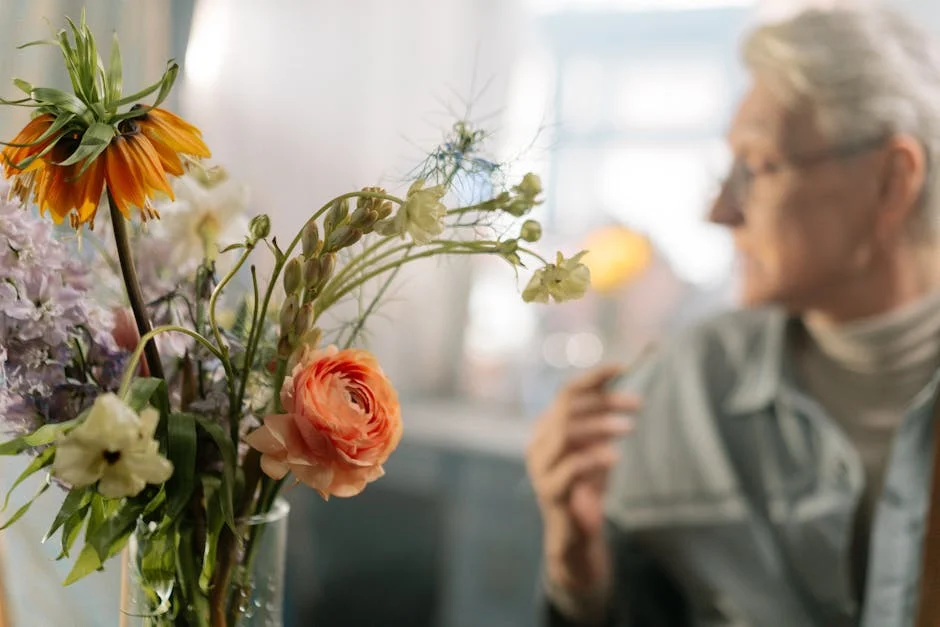 Elderly woman gazing at a vibrant bouquet in a glass vase, capturing serenity and beauty indoors.
