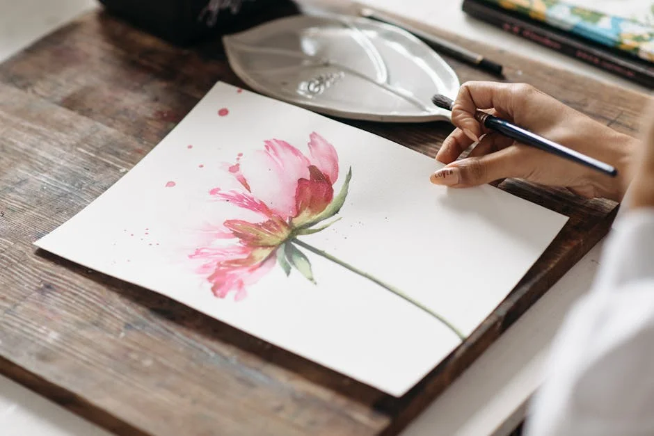 Close-up of a hand painting a pink flower with watercolor on white paper.