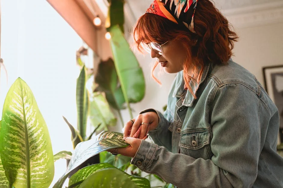 A woman with red hair taking care of houseplants indoors, wearing a denim jacket.