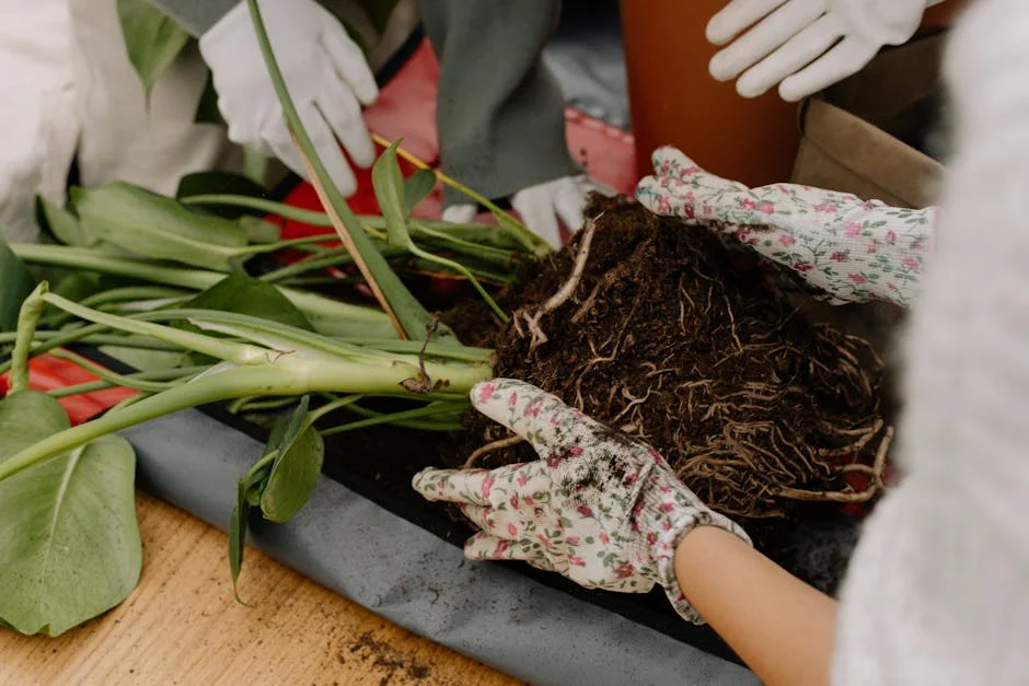 Hands working with soil and roots while repotting a houseplant indoors.
