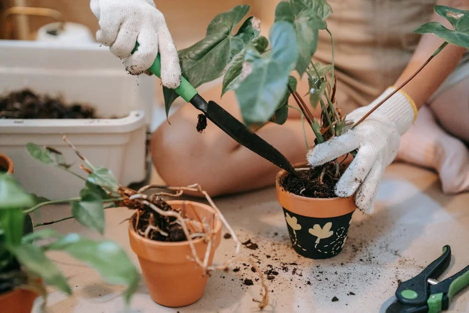 Hands in gloves using a garden trowel to repot plants indoors.