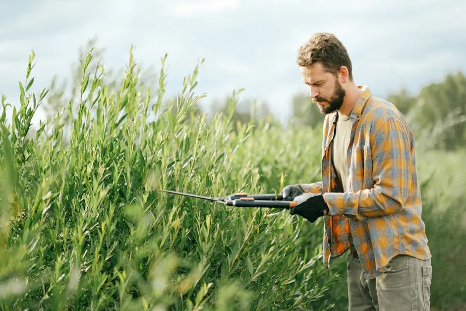 A man using gardening shears to trim lush green plants on a sunny day.