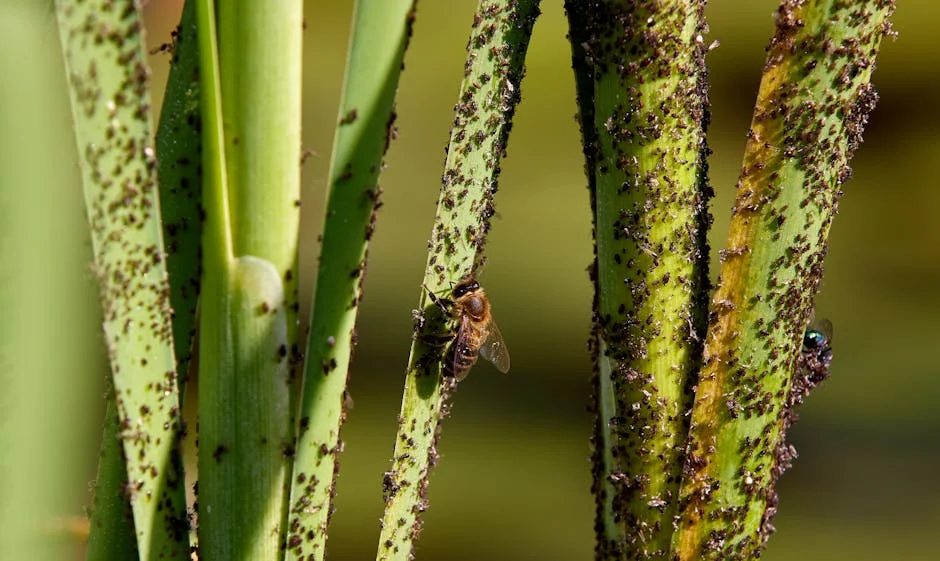 Close-up image of plant stems infested with aphids, highlighting insect interaction.