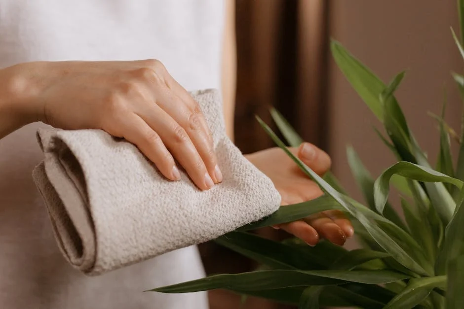 Close-up of a hand gently wiping plant leaves with a cloth, emphasizing plant care.