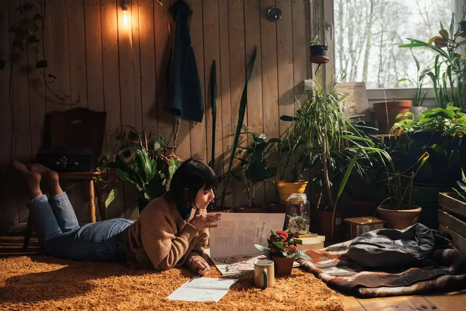 A woman reading in a cozy room filled with lush indoor plants and warm lighting.