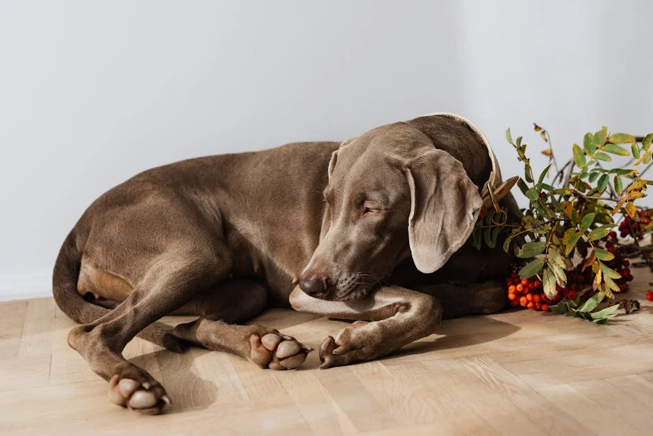 A Weimaraner dog peacefully sleeps next to autumn decor indoors.
