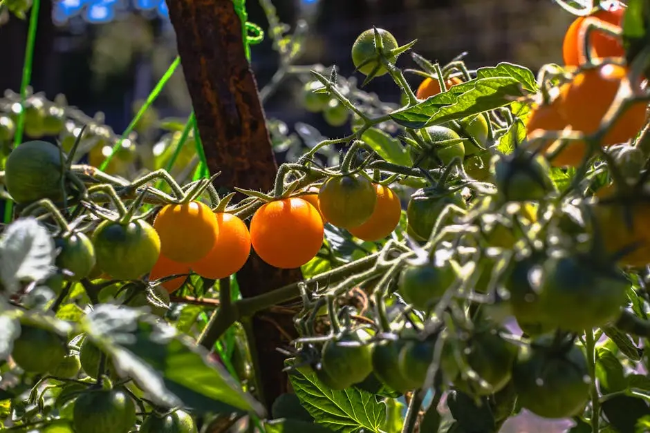 Vibrant cherry tomatoes hanging on the vine, basking in warm summer sunlight.