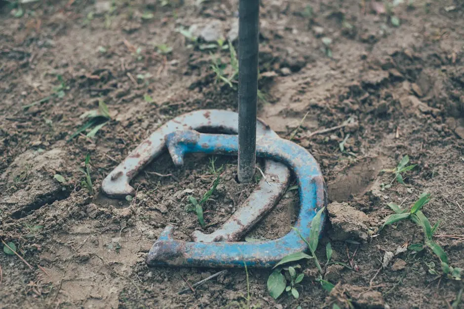 Close-up of horseshoes in the soil captures a rustic outdoor leisure activity.