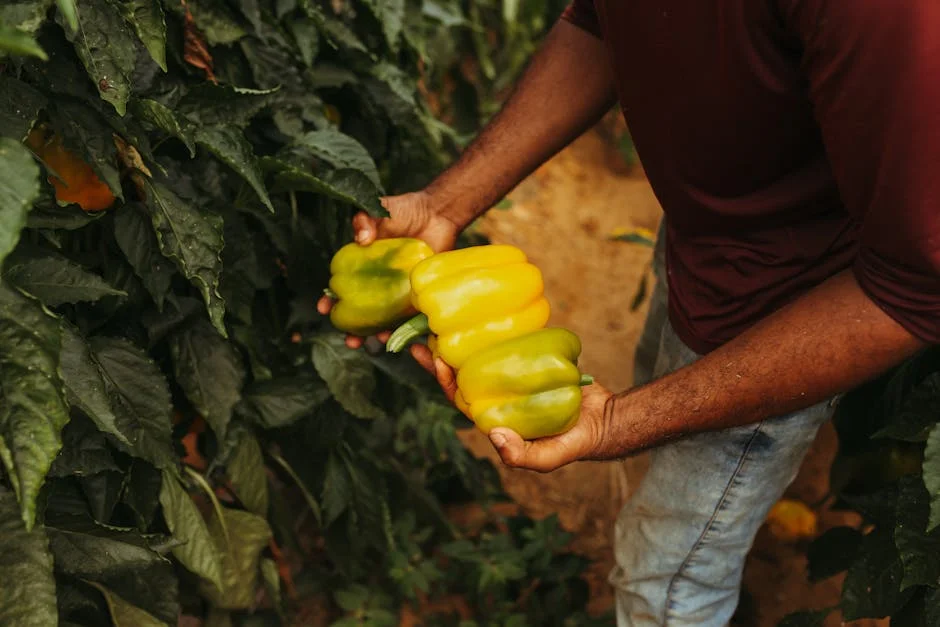 Close-up of a farmer picking ripe yellow bell peppers in an agricultural field.