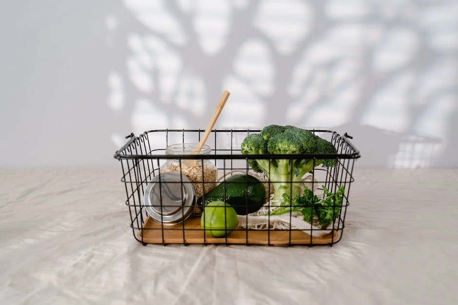 Metal basket with organic vegetables and grains emphasizing zero waste lifestyle.