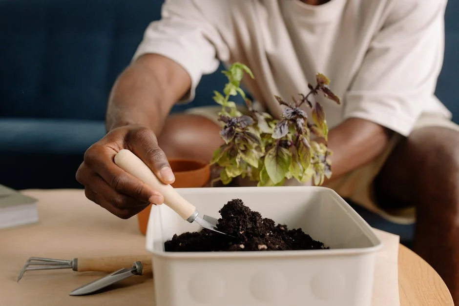 Close-up of man planting basil in a container with soil indoors.