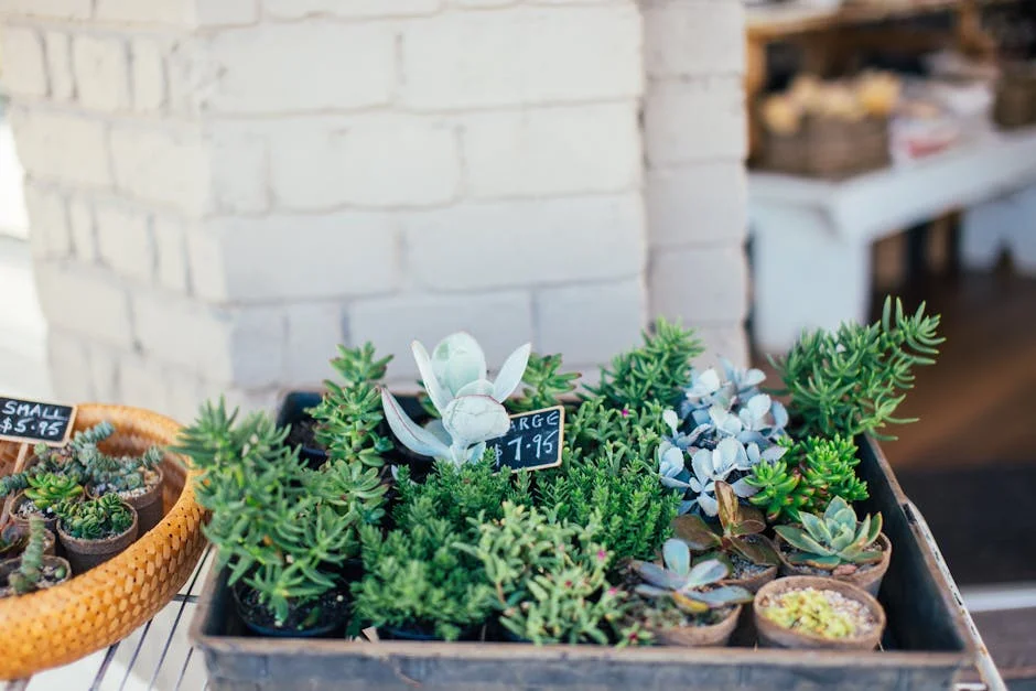 A collection of succulents displayed in planters at an outdoor market, featuring diverse plant types.