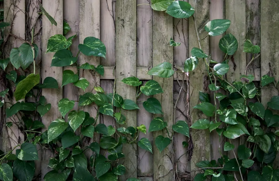 Lush green vines climbing a rustic wooden fence in Florida outdoors.