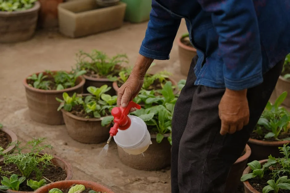 Close-up of a gardener watering potted plants with a spray bottle outdoors.