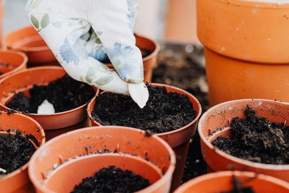 Close-up of a gloved hand planting seeds in several small pots surrounded by soil.