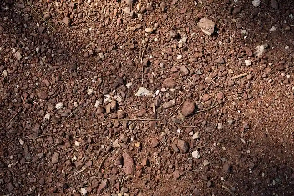 Detailed texture of red rocky soil with natural shadows, showcasing earth patterns.