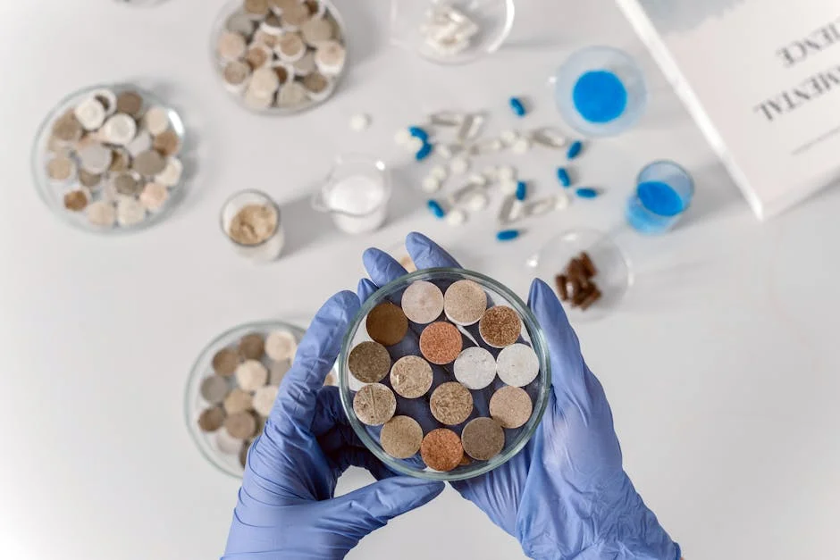 Scientist with gloves examining various soil samples in petri dishes on a clean white background.