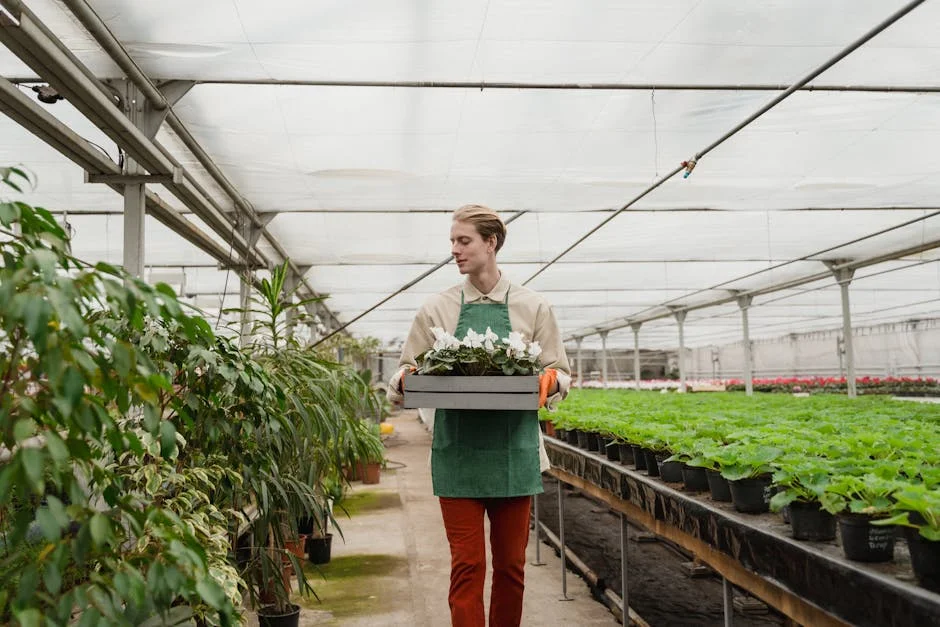 Man carrying potted plants in a greenhouse filled with greenery.