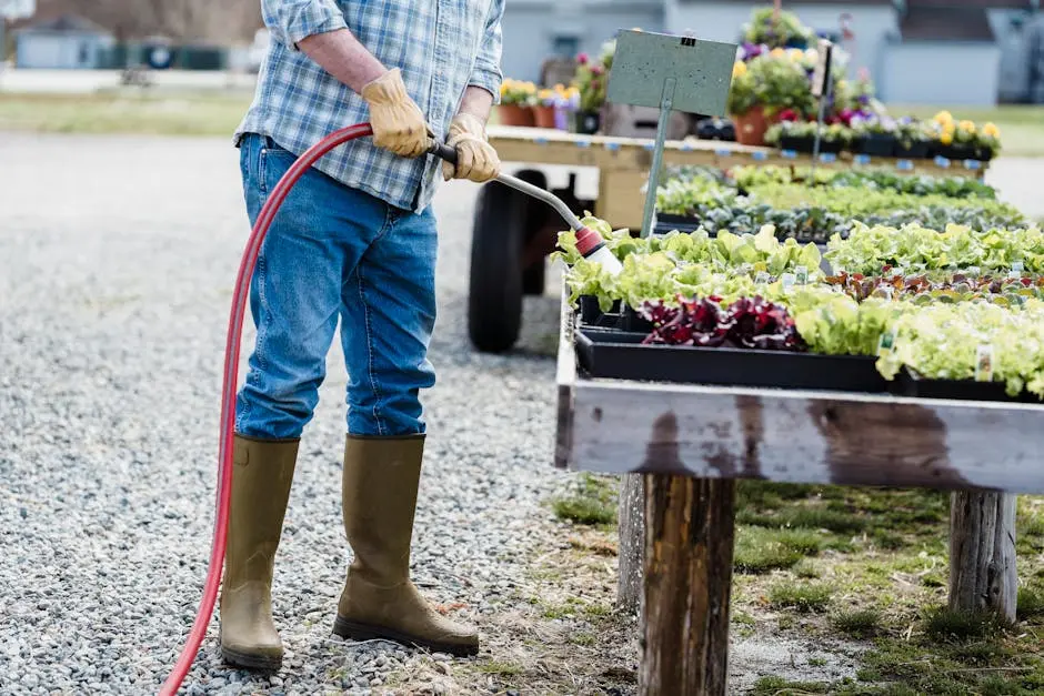 An adult male gardener watering vegetable plants outdoors with a hose.