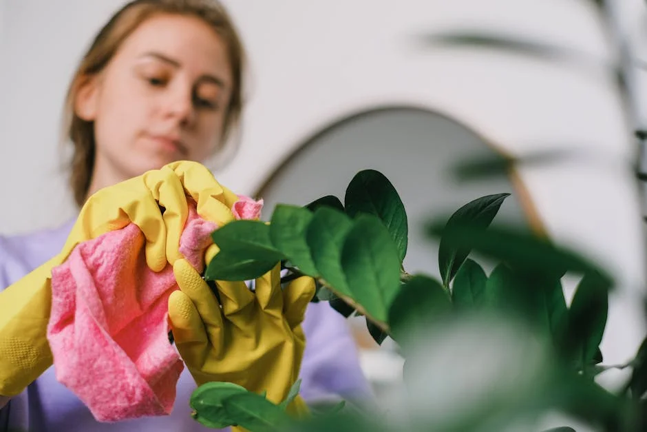 A woman cleans indoor plant leaves with gloves and cloth, focusing on plant care.