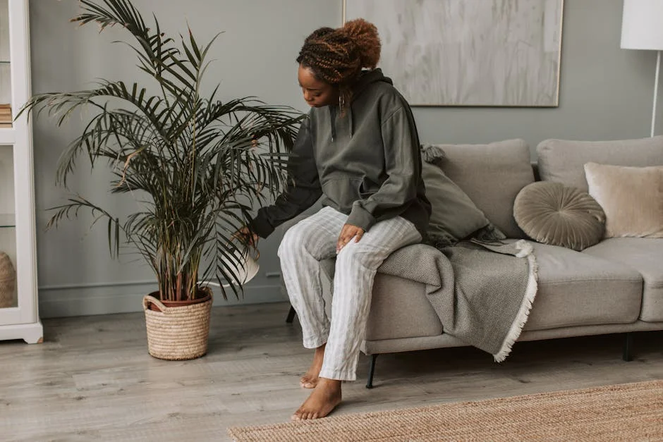 A woman sitting on a sofa indoors, caring for a houseplant in a serene atmosphere.
