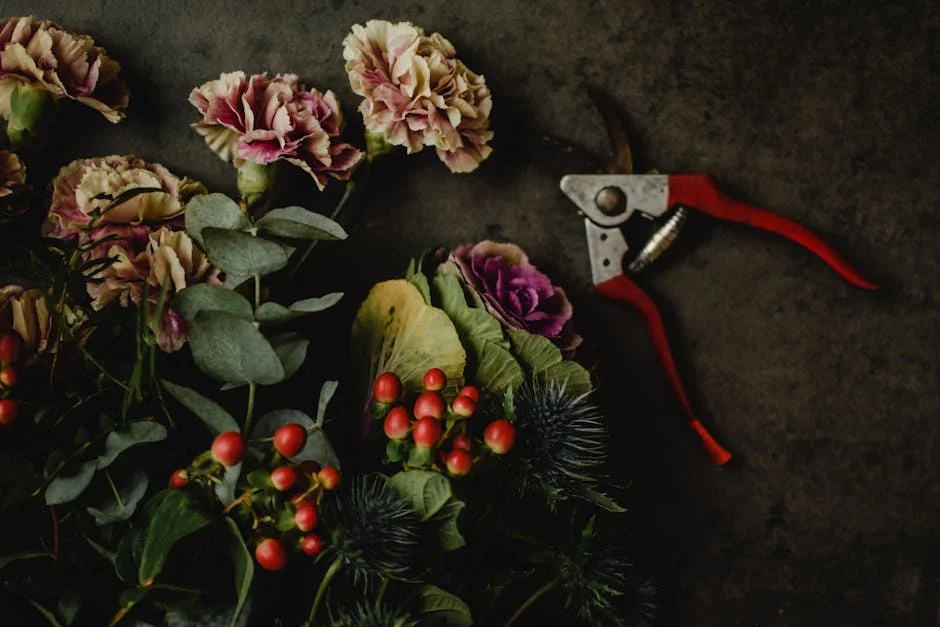 Artistic flat lay of flowers and garden shear on dark background.