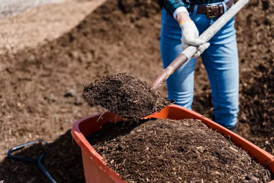 A person shovels compost into a red container, preparing soil for gardening.