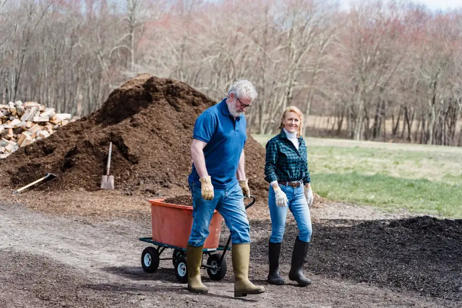 An elderly couple working together in a rural garden setting.