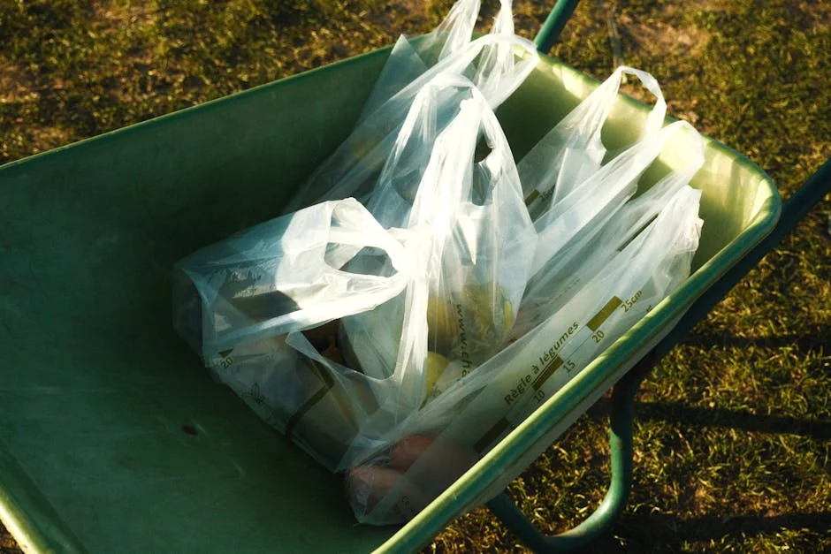 Plastic bags filled with items placed in a wheelbarrow outdoors on sunny day.