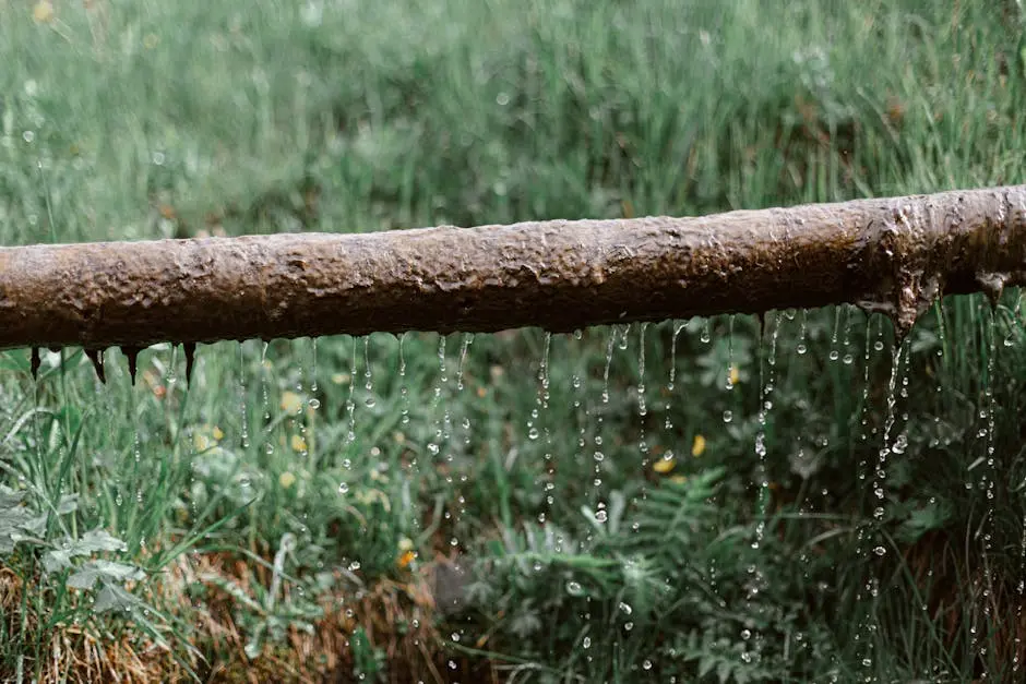 Rusted pipe leaking fresh water amidst lush green grass outdoors.