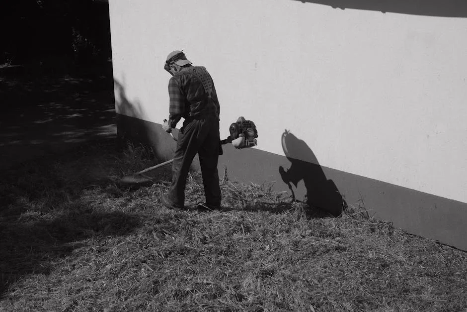 Black and white photo of a person trimming grass with a weed whacker next to a wall.