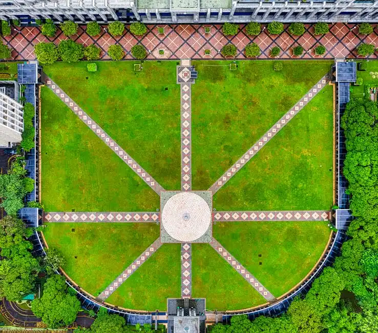 Aerial shot featuring geometric garden patterns in Jakarta, Indonesia.