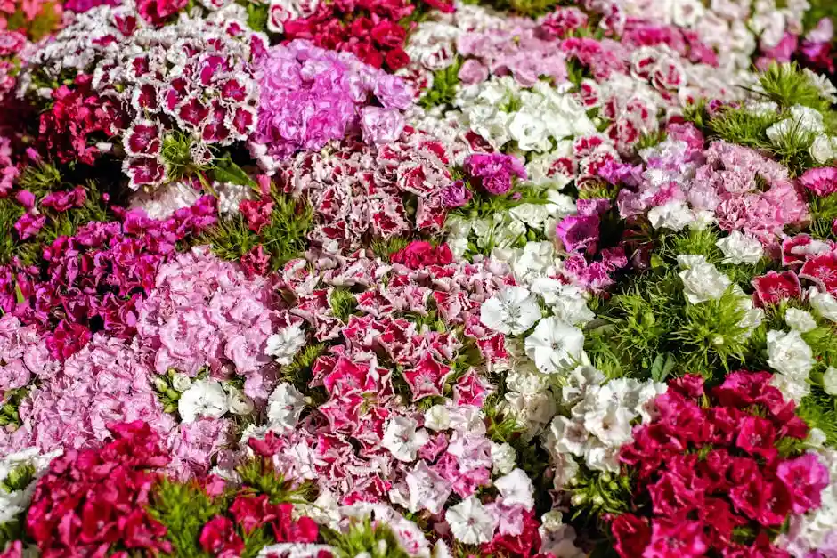 Close-up of colorful blooming carnations creating a vibrant floral display.