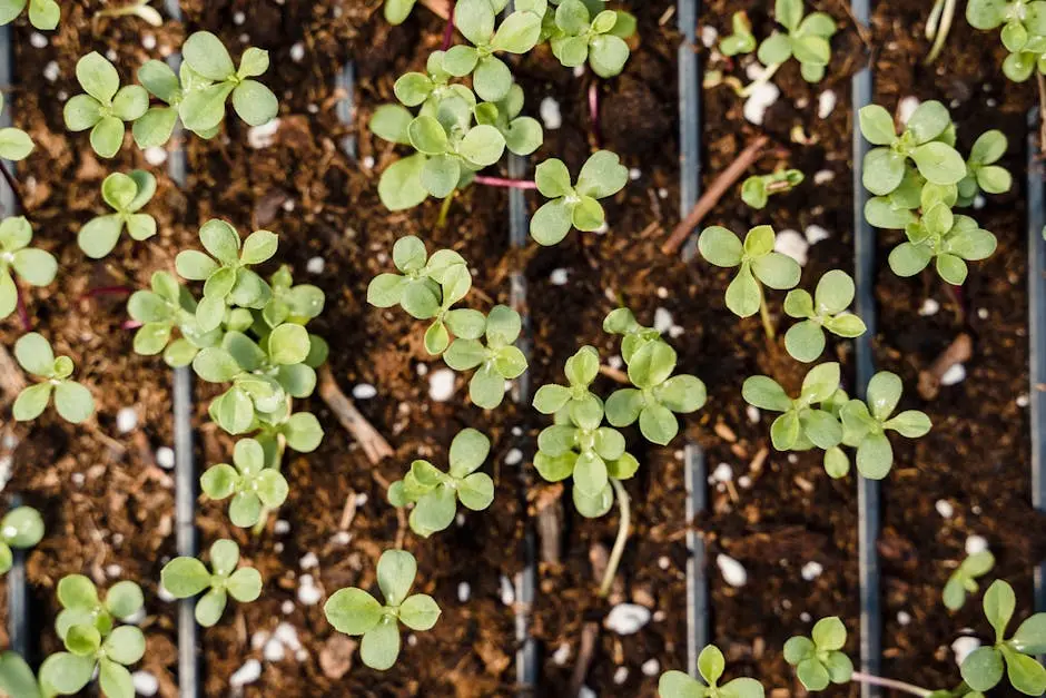 Close-up of green seedlings sprouting in nursery trays, showcasing fresh growth.