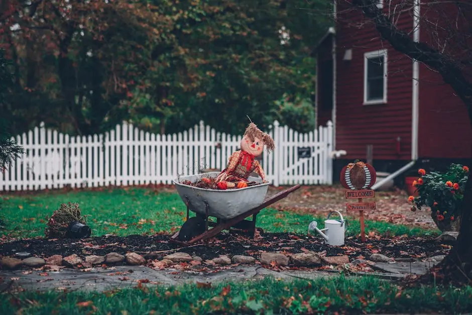 Charming autumn garden with a scarecrow in a wheelbarrow, surrounded by vibrant foliage and a wooden house.