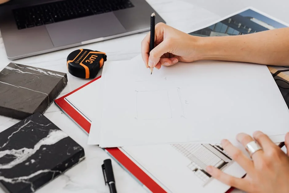 Architect drafting designs with measuring tape and materials on desk.