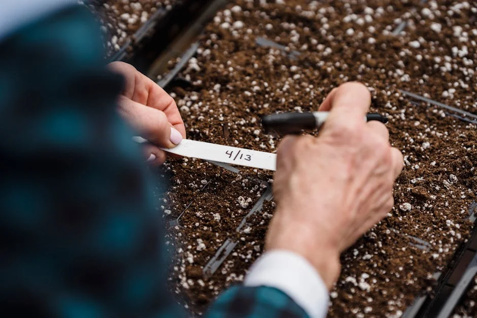 Close-up of hands labeling seed trays for gardening with April date.