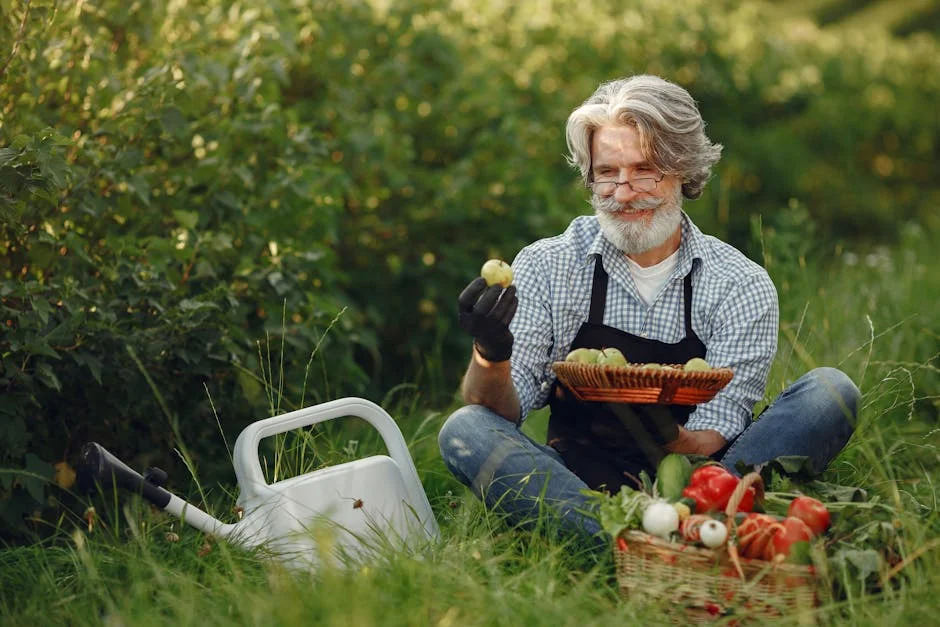 Senior man harvesting fresh vegetables in a green garden, sitting and smiling.