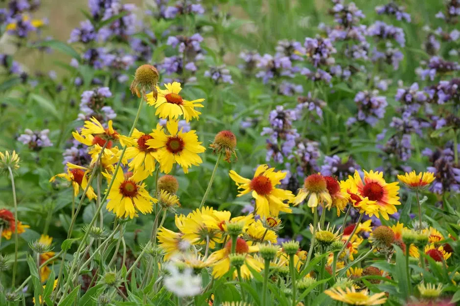 A colorful meadow featuring blooming wildflowers in vibrant spring colors.