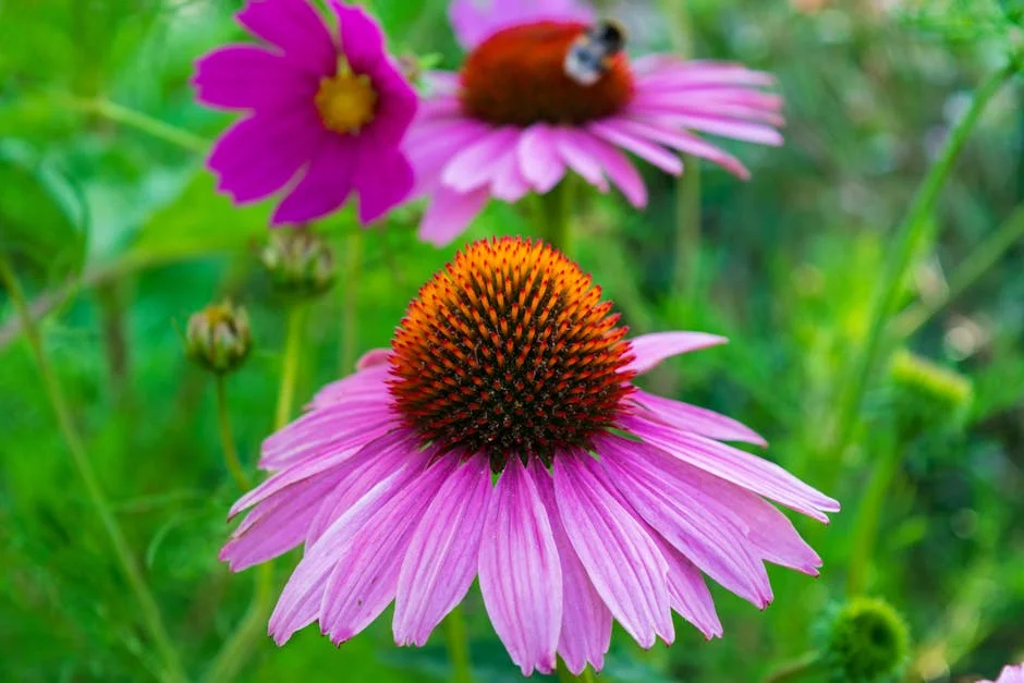 Close-up of vibrant pink coneflowers in bloom with lush green background.
