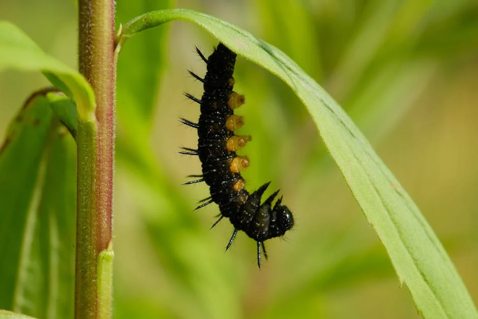 Detailed view of a black caterpillar clinging to a green leaf in a natural setting.