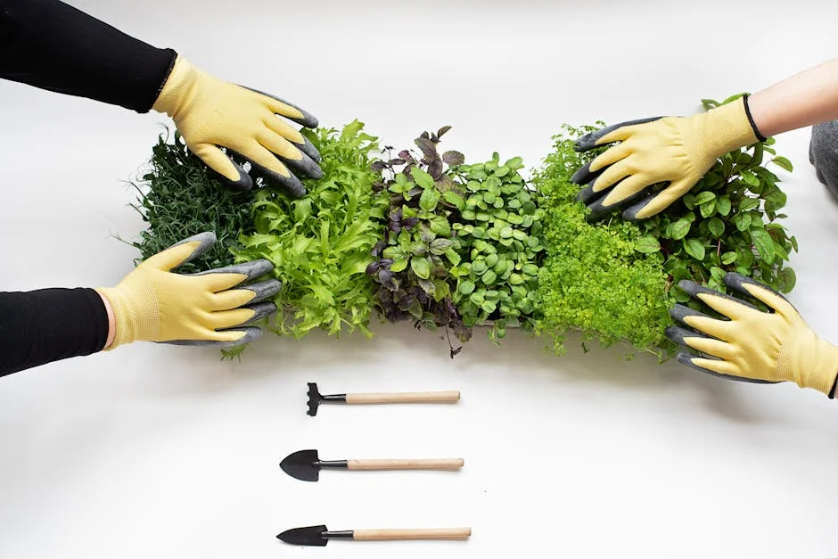 Hands wearing gloves arranging fresh microgreens with gardening tools on white background.