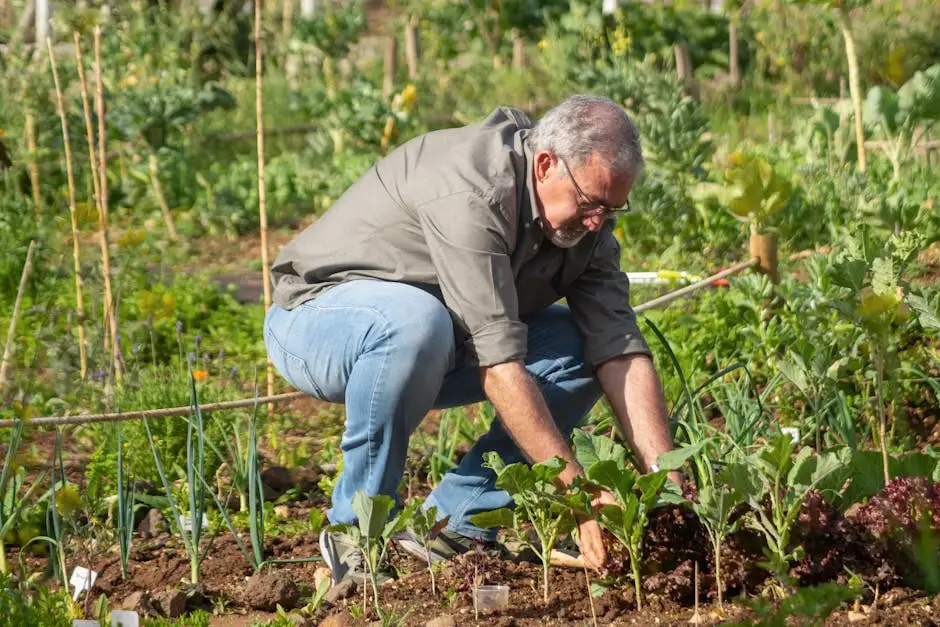 Elderly man tending to his vegetable garden in Portugal during a sunny day.