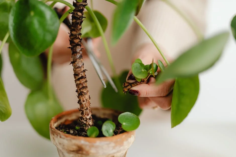 Detailed view of hands pruning a Pilea plant indoors, focused on care and maintenance.