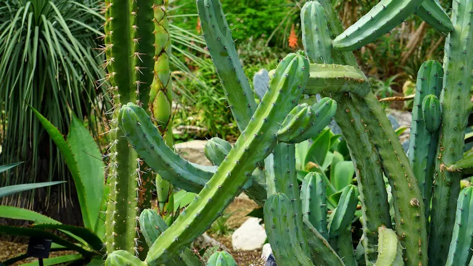 Detailed view of various cactuses and succulents with vivid green colors in a garden setting.