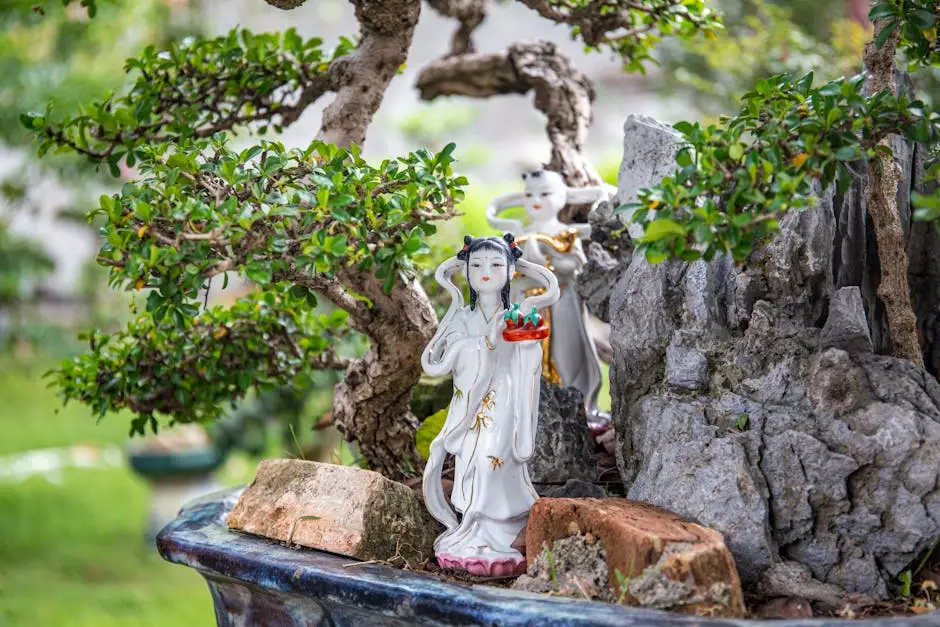Porcelain figurine of a woman in a decorative garden setting with bonsai trees.