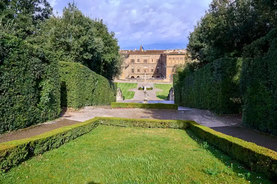 Captivating view of Boboli Gardens with Palace in Florence. Lush greenery and historic architecture.